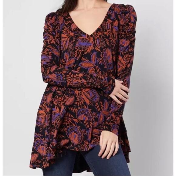 Free People Floral Medium Hello Lover Long Sleeve Tunic Dress Top V Neck Flowy - Picture 1 of 11